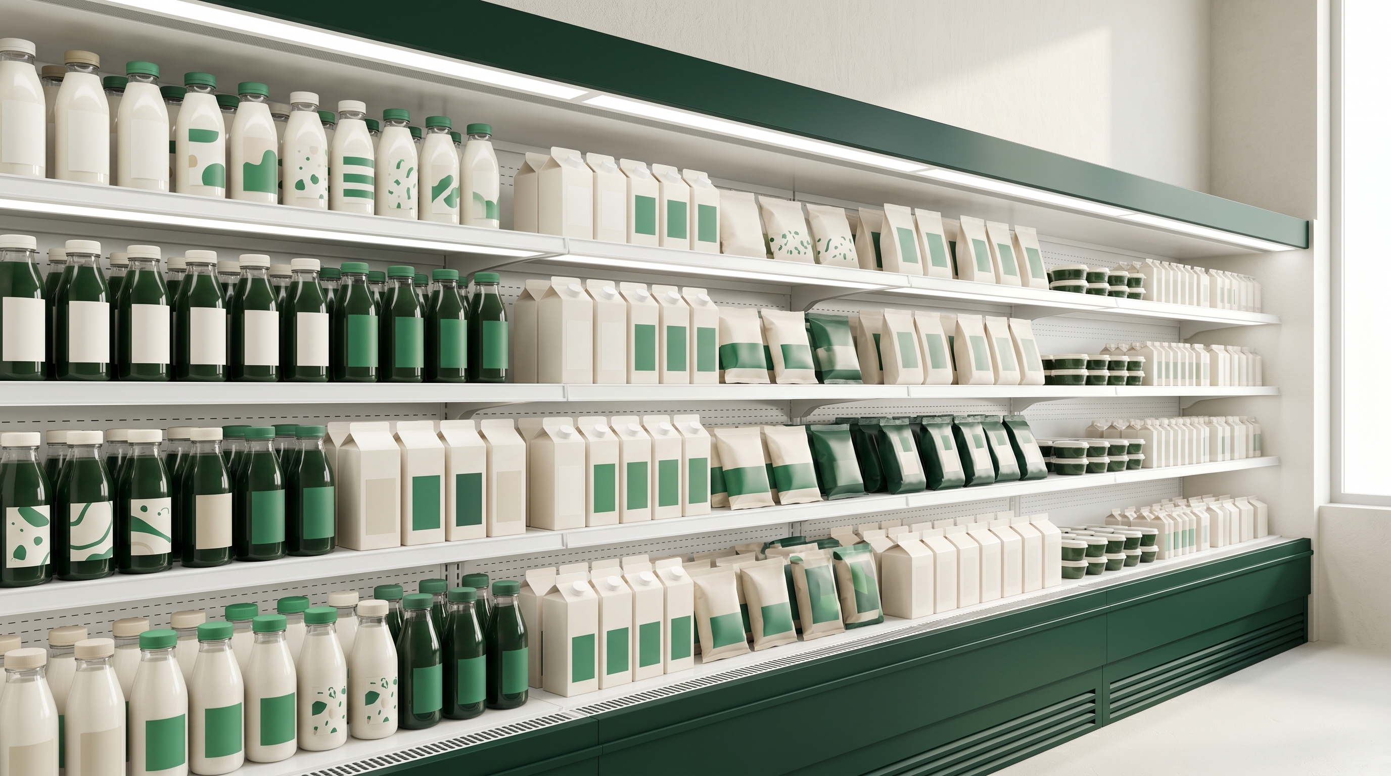 Editorial wide-angle photo of a clean grab-and-go cooler section with neat single-serve packaging silhouettes under bright case light, in a restrained cream, deep-evergreen, and editorial-green palette.
